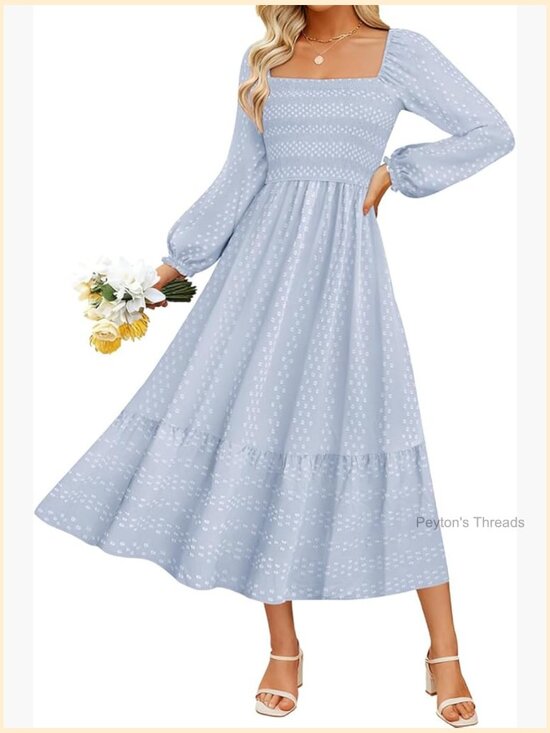 Dresses & Skirts - Plus Size Maxi Dress with Pockets Long Sleeve Smocked Swiss Dot A-Line Maternity